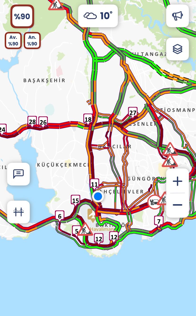 İstanbul’da Trafik Yoğunluğu Yağışın Da Etkisiyle Yüzde 90'A Kadar Ulaştı.