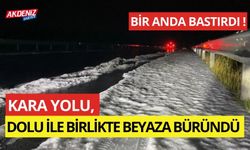 Kara yolu, dolu ile birlikte beyaza büründü