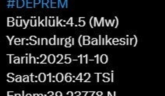 Balıkesir’de 4.5 büyüklüğünde deprem