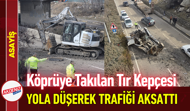 Köprüye Takılan Tır Kepçesi Yola Düşerek Trafiği Aksattı!
